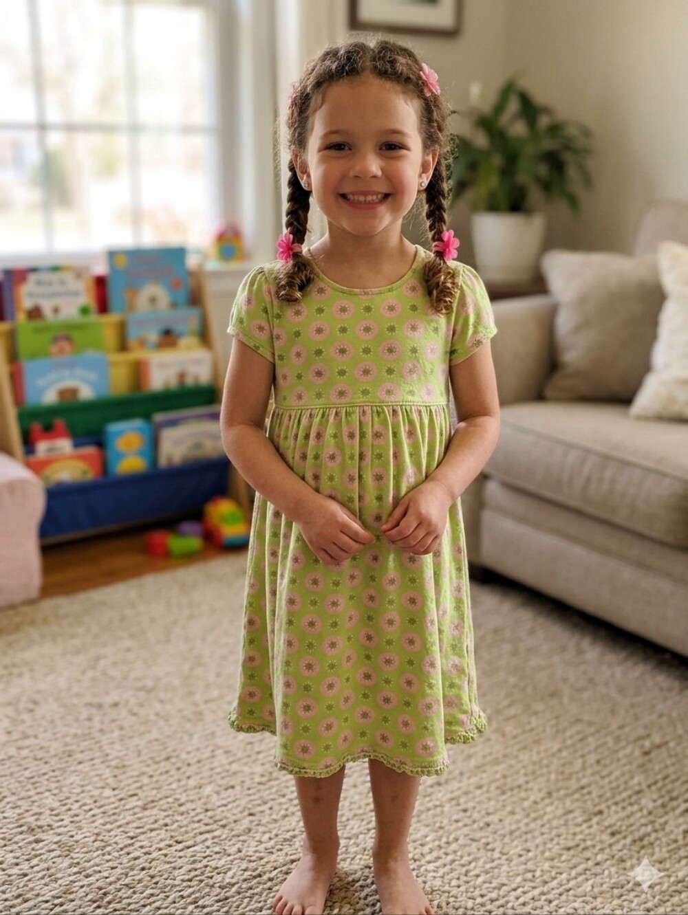 Girls' Light Green Floral Jersey Dress with Pink Flowers